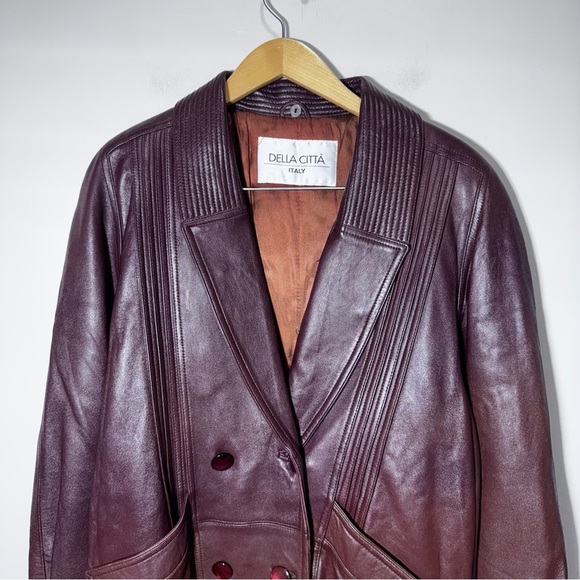 Della Citta Italy Double Breasted Burgundy Leather Coat Size Large Flawed - Picture 6 of 15